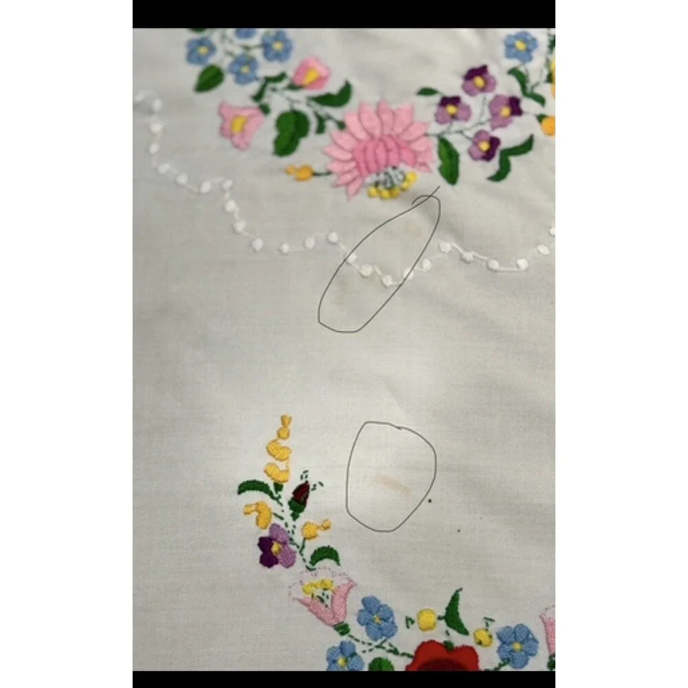 Vintage Hungarian Embroidered Floral Cotton Tablecloth Scalloped Trim 31” Round